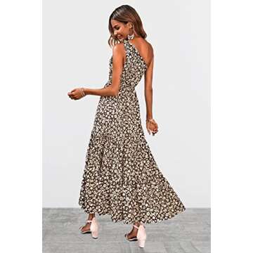 PRETTYGARDEN Women's Floral Maxi Dress 2024 Knot One Shoulder Sleeveless Ruffle Hem Flowy Boho Dresses(Coffee,Medium)