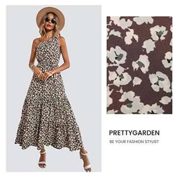 PRETTYGARDEN Women's Floral Maxi Dress 2024 Knot One Shoulder Sleeveless Ruffle Hem Flowy Boho Dresses(Coffee,Medium)