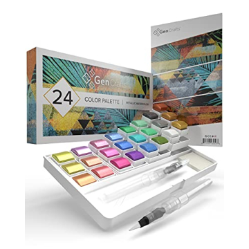 GenCrafts 24 Metallic Watercolor Palette - Art Set with Paper Pad and Brush Pens