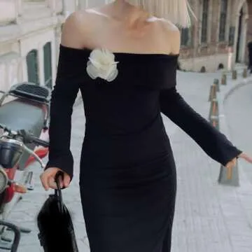 Y2k Off Shoulder Top for Women 3D Flower Pattern Slim Fit Long Sleeve Shirt Elegant Boat Neck Going Out Top Streetwear