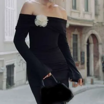 Y2k Off Shoulder Top for Women 3D Flower Pattern Slim Fit Long Sleeve Shirt Elegant Boat Neck Going Out Top Streetwear