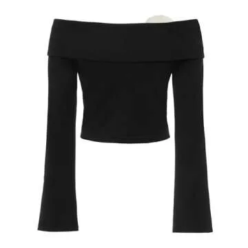 Y2k Off Shoulder Top for Women 3D Flower Pattern Slim Fit Long Sleeve Shirt Elegant Boat Neck Going Out Top Streetwear