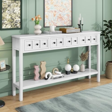 Merax Long Wood Console Table with Storage Drawers and Bottom Shelf, Farmhouse Entryway Table for Li...