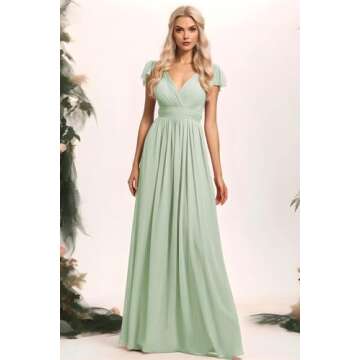 Elegant Short Sleeve Chiffon Bridesmaid Dress with Pockets