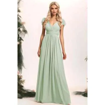 Elegant Short Sleeve Chiffon Bridesmaid Dress with Pockets