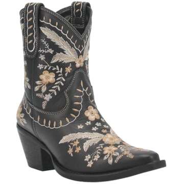 Dingo Boots Womens Primrose Embroidered Floral Snip Toe Casual Boots Ankle Mid Heel 2-3" - Black - Size 10 M