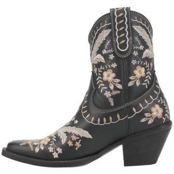 Dingo Boots Womens Primrose Embroidered Floral Snip Toe Casual Boots Ankle Mid Heel 2-3" - Black - Size 10 M