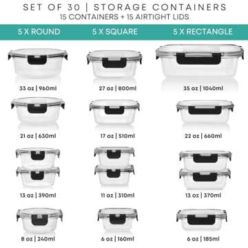 Razab 30 PC Glass Food Storage Containers with Lids - Perfect for Meal Prep and Leftovers