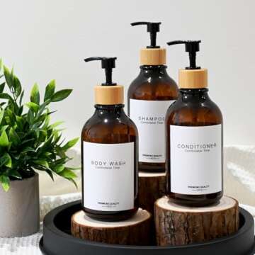 Shampoo and Conditioner Bottles, Apothecary Dispenser Bamboo Pump, Refillable Shampoo Bottles for Sh...