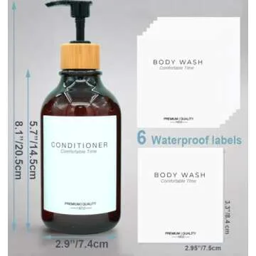 Shampoo and Conditioner Bottles, Apothecary Dispenser Bamboo Pump, Refillable Shampoo Bottles for Shampoo Lotion Oil Shower Soap Hand Soap and Dish Soap, Plastic Amber Set (Amber)