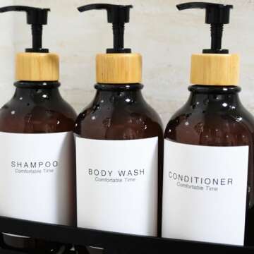 Shampoo and Conditioner Bottles, Apothecary Dispenser Bamboo Pump, Refillable Shampoo Bottles for Shampoo Lotion Oil Shower Soap Hand Soap and Dish Soap, Plastic Amber Set (Amber)