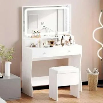 IRONCK Vanity Desk with LED Lighted Mirror & Power Outlet, Makeup Vanities Table with 4 Drawers,Storage Bench,Dressing Table for Bedroom White