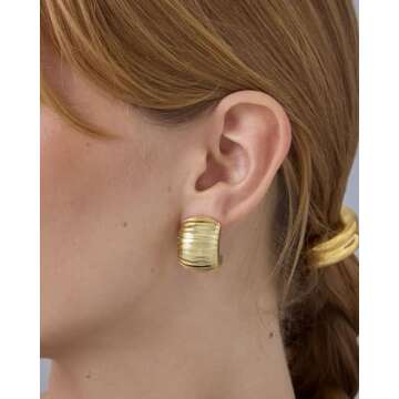 PAVOI 14K Yellow Gold Plated Chunky Ribbed Hoop Earrings for Women | Comfortable Fashion Statement