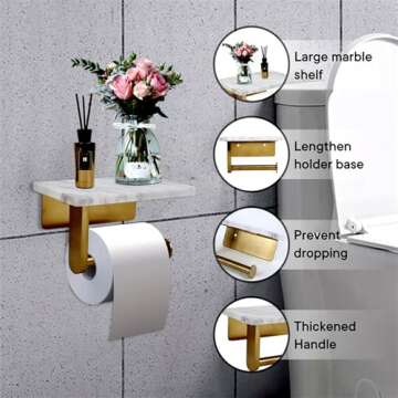 Toilet Paper Holder with Natural Marble Shelf for Bathroom Washroom,Wall Mounted Tissue Holder Suitable for Mega Roll (Brushed Gold, Small 6.7 * 4.3 in)