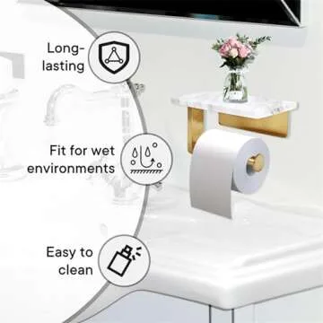 Toilet Paper Holder with Natural Marble Shelf for Bathroom Washroom,Wall Mounted Tissue Holder Suitable for Mega Roll (Brushed Gold, Small 6.7 * 4.3 in)