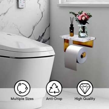 Toilet Paper Holder with Natural Marble Shelf for Bathroom Washroom,Wall Mounted Tissue Holder Suitable for Mega Roll (Brushed Gold, Small 6.7 * 4.3 in)