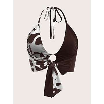 Verdusa Women's Cow Print O Ring Deep V Neck Tie Backless Crop Halter Top Brown White XL
