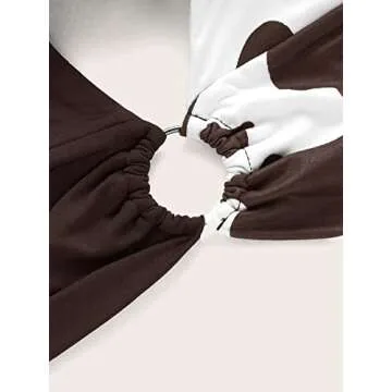 Verdusa Women's Cow Print O Ring Deep V Neck Tie Backless Crop Halter Top Brown White XL