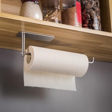 SUNTECH Paper Towel Holder Under Cabinet - Self Adhesive Towel Paper Holder Stick on Wall for Kitchen, Bathroom Paper Towel Holder Organizer&Storage&Decor, Stainless Steel