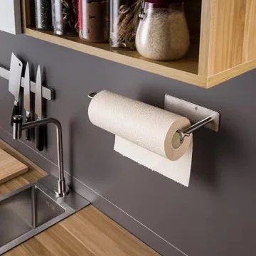 SUNTECH Paper Towel Holder Under Cabinet - Self Adhesive Towel Paper Holder Stick on Wall for Kitchen, Bathroom Paper Towel Holder Organizer&Storage&Decor, Stainless Steel