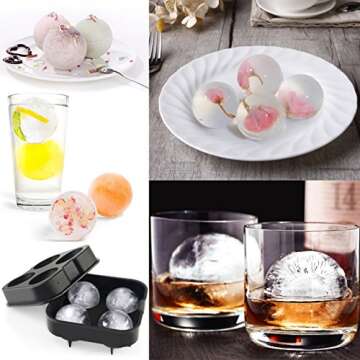 Ouddy 2 Pack Ice Ball Maker Skull Mold, Silicone Ice Cube Trays, Giant Black Skull & Round Ice Cube Maker with 2 Plastic Funnels for Whiskey Wine, Cocktails and Beverages