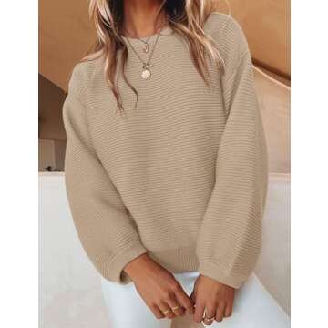 ZESICA Women's Soft Knit Sweater with Lantern Sleeves - Khaki