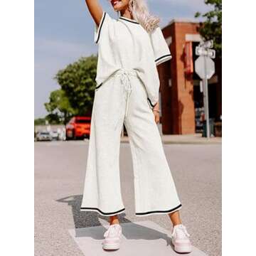 SHEWIN Two Piece Outfits for Women Lounge Sweat Set Casual Short Sleeve Crewneck Shirts Loose Pants Loungewear Matching Pajamas Sets 2025 Summer Trendy Clothes Tracksuits Striped White Black M
