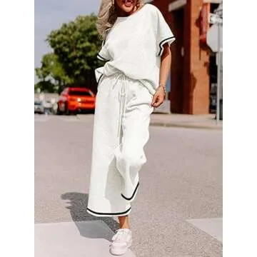 SHEWIN Two Piece Outfits for Women Lounge Sweat Set Casual Short Sleeve Crewneck Shirts Loose Pants Loungewear Matching Pajamas Sets 2025 Summer Trendy Clothes Tracksuits Striped White Black M