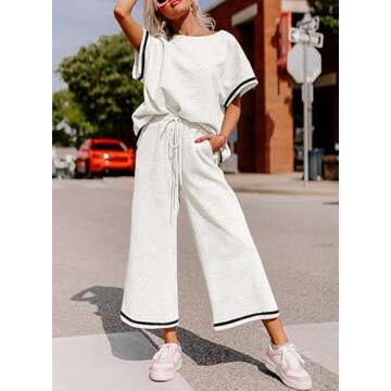 SHEWIN Two Piece Outfits for Women Lounge Sweat Set Casual Short Sleeve Crewneck Shirts Loose Pants Loungewear Matching Pajamas Sets 2025 Summer Trendy Clothes Tracksuits Striped White Black M