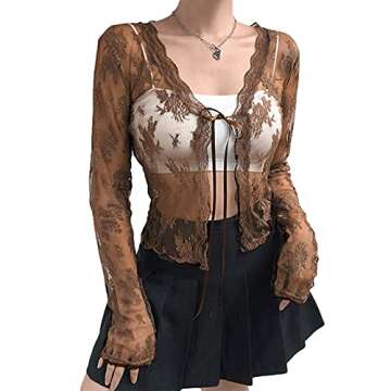 Fashionable Women Y2k Lace Mesh Cardigan Top for Casual Elegance