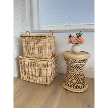 KOUBOO Rattan Core Rectangular Storage Basket, Wicker Basket with Lid, Living Room Basket, Toy Basket, Decorative Bin, Home Organizer, Natural
