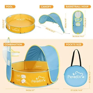 Peradix 3-in-1 Kids Paddling Pool UV Sunshade Basketball Hoop