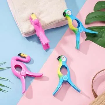 Beach Towel Clips, Sopito Jumbo Size Towel Clips for Beach Chairs Cruise Pool Patio or Daily Use-Secure Hang Seal, Set of 4 (Flamingo Parrot)