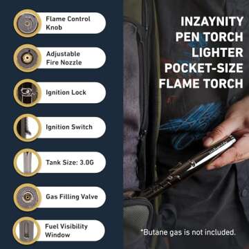 Pen Torch Lighter - Refillable Single Flame Butane Torch Lighter for Candle, & Cooking w/Adjustable Flame & Ignition Lock - Luxurious Handheld Camping Lighter & Gift Box by inZaynity - Black & Steel