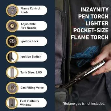 Pen Torch Lighter - Refillable Single Flame Butane Torch Lighter for Candle, & Cooking w/Adjustable Flame & Ignition Lock - Luxurious Handheld Camping Lighter & Gift Box by inZaynity - Black & Steel