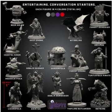 Wildspire Fantasy Monsters & Bookish Dragon for DND Miniatures Unpainted Bulk 28mm-32mm Dungeons & Dragons Minis Pathfinder Figures Fantasy Unpainted Tabletop RPG Miniature Starter Set for D&D