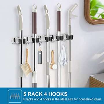 IMILLET 2 Pack Wall Mount Broom Holder Stainless Steel 5 Racks with 4 Hooks Broom Organizer Self Adh...