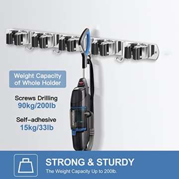 IMILLET 2 Pack Wall Mount Broom Holder Stainless Steel 5 Racks with 4 Hooks Broom Organizer Self Adhesive Heavy Duty Laundry Room, Garage Organization Storage