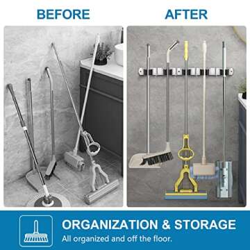 IMILLET 2 Pack Wall Mount Broom Holder Stainless Steel 5 Racks with 4 Hooks Broom Organizer Self Adhesive Heavy Duty Laundry Room, Garage Organization Storage