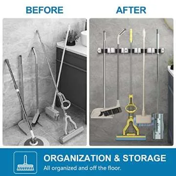 IMILLET 2 Pack Wall Mount Broom Holder Stainless Steel 5 Racks with 4 Hooks Broom Organizer Self Adhesive Heavy Duty Laundry Room, Garage Organization Storage