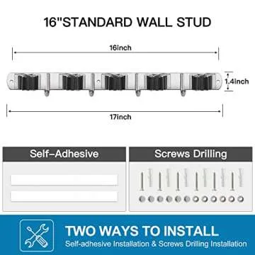 IMILLET 2 Pack Wall Mount Broom Holder Stainless Steel 5 Racks with 4 Hooks Broom Organizer Self Adhesive Heavy Duty Laundry Room, Garage Organization Storage