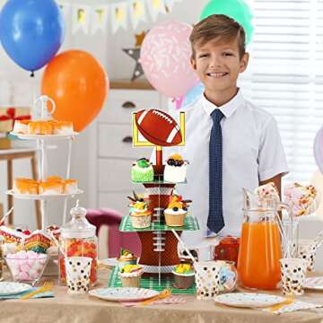 Nuenen Football Theme Party Cupcake Stand Decorations, 3 Tier Cupcake Concession Tower Sports Theme Birthday Dessert Stand for Sports Party Supplies Decor (Football)