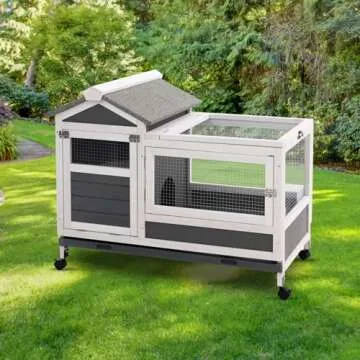 AniwuPaws Rabbit Hutch Indoor/Outdoor with Wheels/No Leak Urine Guards/Netting Floor, Rabbit Cage Chew Proof with Tray, Guinea Pig Cage, Bunny House for Small Animal 38.5" L*24.5" W*31" H, White/Grey