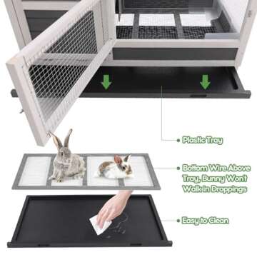AniwuPaws Rabbit Hutch Indoor/Outdoor with Wheels/No Leak Urine Guards/Netting Floor, Rabbit Cage Chew Proof with Tray, Guinea Pig Cage, Bunny House for Small Animal 38.5" L*24.5" W*31" H, White/Grey