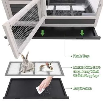 AniwuPaws Rabbit Hutch Indoor/Outdoor with Wheels/No Leak Urine Guards/Netting Floor, Rabbit Cage Chew Proof with Tray, Guinea Pig Cage, Bunny House for Small Animal 38.5" L*24.5" W*31" H, White/Grey