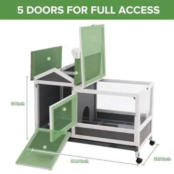 AniwuPaws Rabbit Hutch Indoor/Outdoor with Wheels/No Leak Urine Guards/Netting Floor, Rabbit Cage Chew Proof with Tray, Guinea Pig Cage, Bunny House for Small Animal 38.5" L*24.5" W*31" H, White/Grey