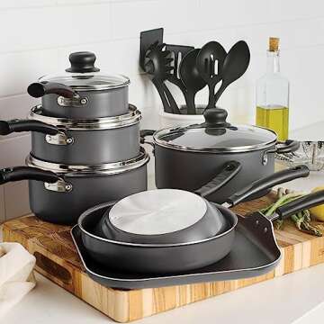 18 Piece Nonstick Cookware Set - Gray - Aluminum Construction, Dishwasher Safe, Compatible with Gas,...