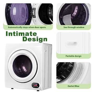 Euhomy Compact Laundry Dryer, 2.65 cu ft Front Load Stainless Steel Clothes Dryers With Exhaust Pipe, 1400W, LCD Control Panel Four-Function Portable Dryer For Apartments, Home, Dorm, White