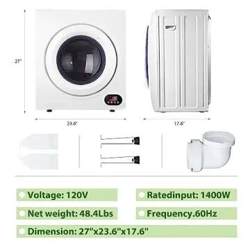 Euhomy Compact Laundry Dryer, 2.65 cu ft Front Load Stainless Steel Clothes Dryers With Exhaust Pipe, 1400W, LCD Control Panel Four-Function Portable Dryer For Apartments, Home, Dorm, White