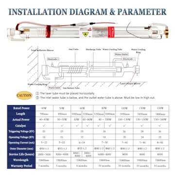 MCWlaser 60W CO2 Laser Tube Glass Laser Tube with Length 1000mm Dia.55mm 6000hrs MTTF 60-70W Laser Tube With Metal Head and Coating Cable Preconnected